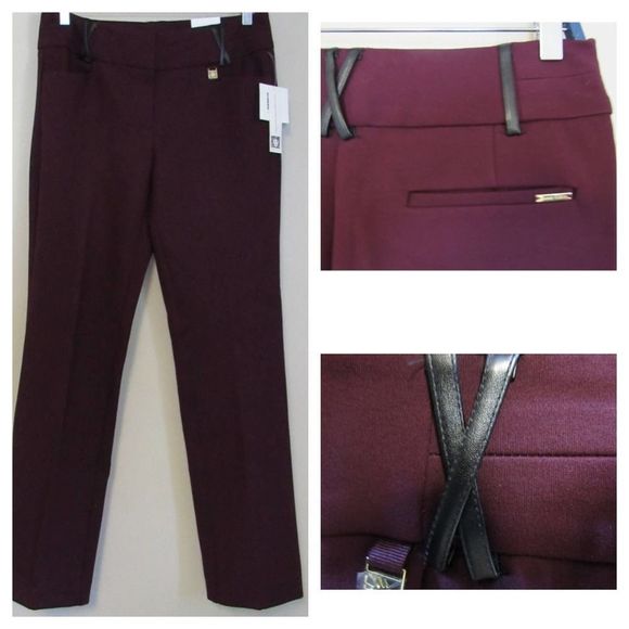 Anne Klein Bootleg Dress Pants Faux Leather Belt loops 6 Burgundy - Picture 1 of 12